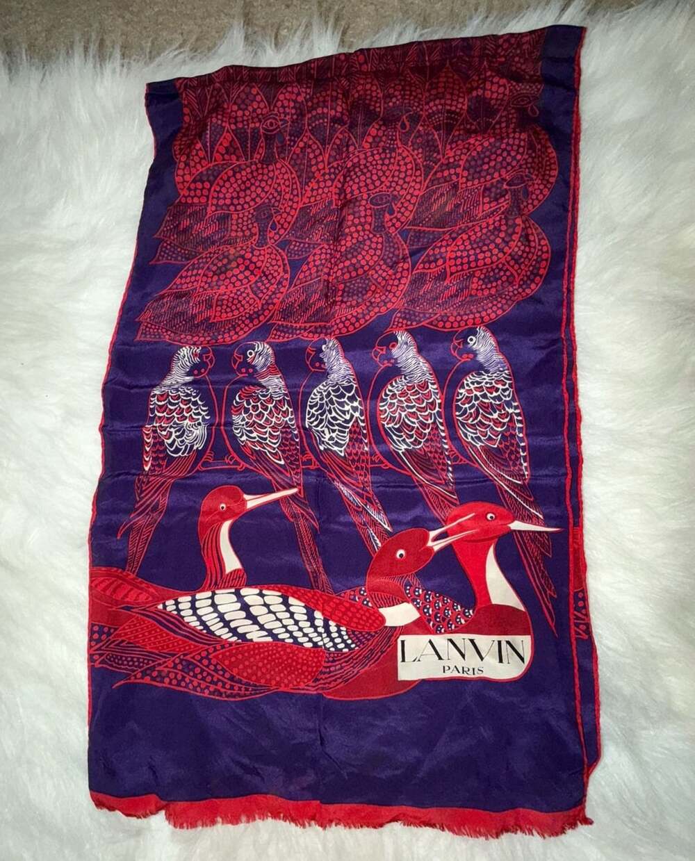 Lanvin Paris Silk Scarf Purple Red Bird Print